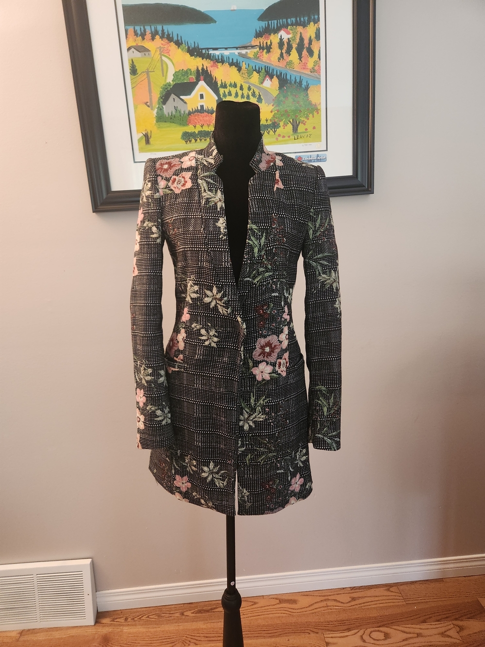 Zara Basic Collection- Black Floral Embroidered Long Blazer Jacket